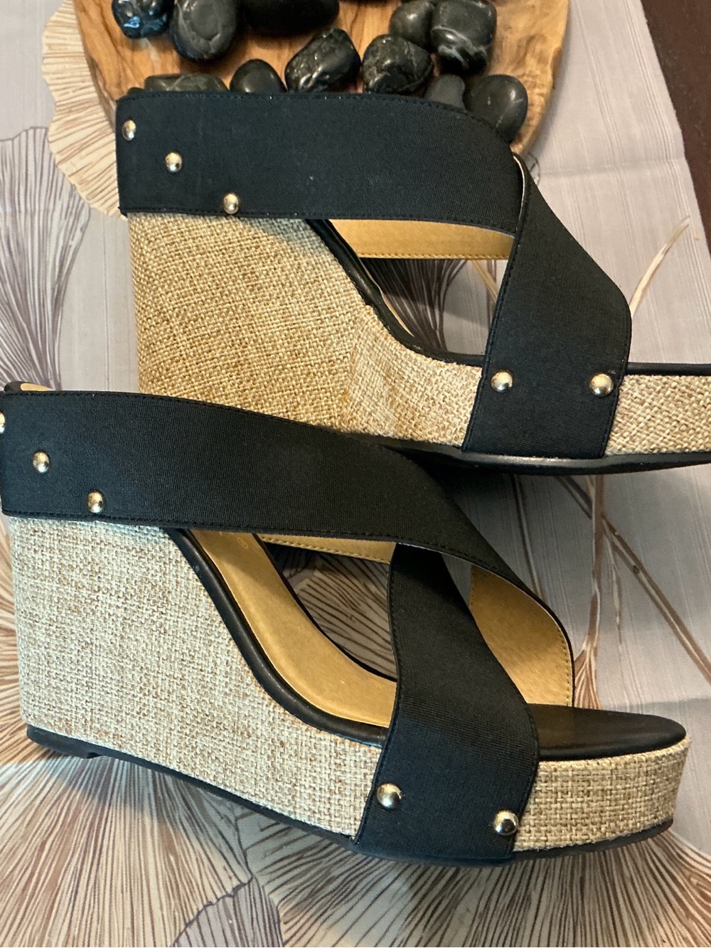 Allegri Black Cross-Strap Wedge Slide Sandals *Never Worn